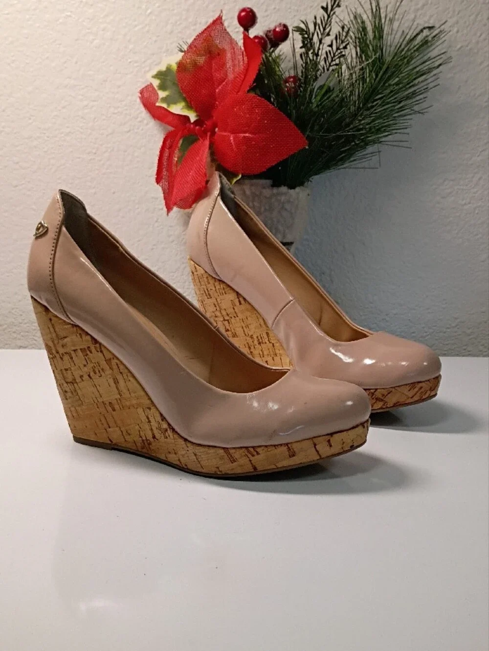 Thalia Sodi Nude Patent Platform Pumps with Cork-Style Sole